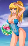  alien arm_up armpits blonde_hair blue_eyes breasts casual_one-piece_swimsuit cleavage eyes highres large_breasts long_hair metroid metroid_(creature) navel ocean one-piece_swimsuit ponytail samus_aran see-through sigurd_hosenfeld solo swimsuit zero_suit 