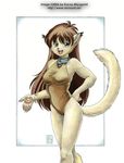 blue_eyes brown_hair cat claws clothed clothing cute feline female hair kacey long_hair looking_at_viewer mammal one-piece_swimsuit open_mouth skimpy smile solo standing swimsuit teeth 