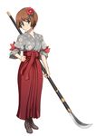  blue_door brown_hair flower full_body green_eyes hair_flower hair_ornament hakama highres japanese_clothes miko naginata original polearm red_hakama short_hair simple_background smile solo weapon white_background 