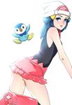  bare_shoulders blue_eyes blue_hair blush boots gen_4_pokemon hat hikari_(pokemon) looking_at_viewer nakasone_haiji pink_footwear piplup pokemon pokemon_(creature) pokemon_(game) pokemon_dppt skirt white_background 