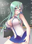  bad_id bad_pixiv_id bespectacled blush breasts chalkboard cleavage frog_hair_ornament glasses green_eyes green_hair hair_ornament hair_tubes kochiya_sanae large_breasts long_hair meropan moriya_suwako notebook open_mouth pen skirt snake solo touhou yasaka_kanako 