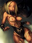 blonde_hair breasts cat dark_skin detached_sleeves dusty_(gravity_daze) forehead fumio_(rsqkr) gravity_daze hairband hips kitten_(gravity_daze) long_hair medium_breasts nipples red_eyes scarf solo thighs topless wide_hips 