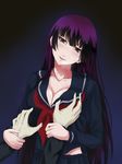  1girl black_hair breast_grab breasts cleavage collarbone ghost grabbing guided_breast_grab head_tilt highres kanoe_yuuko large_breasts long_hair open_mouth q_q_958023 red_eyes school_uniform sweat tasogare_otome_x_amnesia 