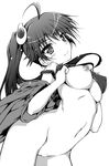  ahoge akizuki_akina araragi_karen arched_back bottomless breasts covered_nipples greyscale highres large_breasts long_hair looking_at_viewer monochrome monogatari_(series) navel nipples no_bra pussy shirt_lift side_ponytail smile solo underboob white_background 