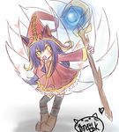  ahri animal_ears candy ears_through_headwear food fox_tail hand_on_back hat heart league_of_legends leaning_forward lollipop long_hair lulu_(league_of_legends) multiple_tails neko_baby pointy_ears purple_hair solo staff tail whiskers witch_hat yellow_eyes 