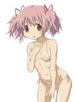  bikini kaname_madoka kotobuki_hajime leaning_forward mahou_shoujo_madoka_magica micro_bikini pink_hair red_eyes short_hair short_twintails simple_background solo string_bikini swimsuit twintails 