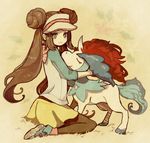  brown_hair double_bun gen_5_pokemon keldeo kneeling long_hair mei_(pokemon) pantyhose pokemon pokemon_(creature) pokemon_(game) pokemon_bw2 raglan_sleeves skirt tasuku_(bixbite) twintails visor_cap 