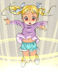  blonde_hair child floating freckles jkt_(sheltem) navel original red_eyes ribbon short_hair shorts solo twintails wind wind_lift 