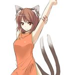  animal_ears armpits arms_up brown_eyes brown_hair cat_ears cat_tail chen chinese_clothes earrings fingernails jewelry long_fingernails miyo_(ranthath) multiple_tails no_hat no_headwear older solo stretch tail teenage touhou upper_body 