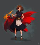  apron black_dress brown_hair cloak cuffs dress everafter grimm's_fairy_tales hand_on_hip little_red_riding_hood little_red_riding_hood_(grimm) red_(everafter) shackles shaun_healey shoes short_hair short_sleeves signature smile socks solo standing 