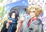  blonde_hair blue_eyes blue_hair coat crepe ferris_wheel food glasses hitoyoshi_zenkichi ice_cream jacket long_hair male_focus medaka_box multiple_boys munakata_kei ponytail postcard scarf smile soritari star 