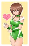  birthday breasts brown_eyes brown_hair choker cleavage cowboy_shot green_leotard happy_birthday heart leotard medium_breasts papa short_hair smile solo wrestle_angels wrestling_outfit yoshihara_mimi 