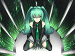  aqua_eyes aqua_hair bare_shoulders elbow_gloves gloves hatsune_miku long_hair looking_at_viewer looking_up necktie purinnssu sitting solo twintails very_long_hair vocaloid wariza 
