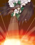  absurdres arm_cannon black_wings bow brown_hair cape fire flying hair_bow highres m134 open_mouth reiuji_utsuho ribbon skirt solo touhou weapon wings 