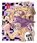  6+boys aosode blonde_hair breasts cleavage detached_collar hat highres large_breasts long_hair multiple_boys muscle open_mouth red_eyes sin_sack touhou umbrella yakumo_yukari 