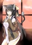  animal_ears black_eyes black_hair blush cat_ears cat_tail copyright_request highres kyougoku_touya long_hair mouth_hold no_pants off_shoulder ribbon ribbon_in_mouth solo tail 