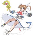  blue_eyes brown_hair fingerless_gloves gloves highres looking_at_viewer lyrical_nanoha magical_girl mahou_shoujo_lyrical_nanoha open_mouth raising_heart sketch smile solo staff takamachi_nanoha tonbo twintails work_in_progress 