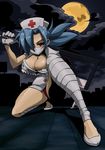  blue_hair breasts cleavage cloud eyepatch hair_over_one_eye hashigaya hat highres large_breasts moon night nurse nurse_cap panties red_panties short_hair skullgirls solo underwear valentine_(skullgirls) 