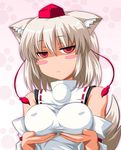  animal_ears bare_shoulders blush_stickers breast_hold breast_lift breasts covered_nipples detached_sleeves empty_eyes face hat inubashiri_momiji large_breasts nori_tamago red_eyes short_hair silver_hair solo tail tokin_hat touhou upper_body wolf_ears wolf_tail 