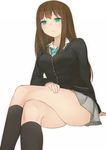  bad_id bad_pixiv_id black_legwear brown_hair cardigan crossed_legs green_eyes idolmaster idolmaster_cinderella_girls kneehighs legs long_hair minatsuki_randoseru school_uniform shibuya_rin sitting skirt solo thighs white_background 