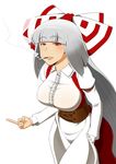  arm_garter azuman belt bow cigarette eyebrows fujiwara_no_mokou hair_bow hand_in_pocket long_hair middle_finger red_eyes silver_hair solo suspenders touhou 