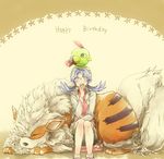  arcanine birthday blue_hair crystal_(pokemon) gen_1_pokemon gen_2_pokemon hat lamp-ao natu on_head pokemon pokemon_(creature) pokemon_on_head pokemon_special sitting sleeping twintails yellow_background 