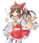  aosode ascot brown_eyes brown_hair detached_sleeves earmuffs hair_tubes hakurei_reimu hands long_hair looking_at_viewer midriff navel outstretched_hand scarf sidelocks skirt smile solo thighhighs touhou white_background white_legwear yellow_scarf 
