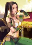  between_breasts breasts brown_hair cleavage coin final_fantasy final_fantasy_xi fingerless_gloves gloves gold large_breasts looking_at_viewer midriff navel ponytail pouch sitting solo takatsuki_kahiro treasure_chest yellow_eyes 