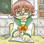  bow brown_eyes brown_hair class_room eyewear female glasses hair koala marsupial open_mouth school_uniform schoolgirl smile solo 