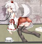  all_fours animal_ears bad_id bad_pixiv_id black_legwear collar detached_sleeves excel_(shena) full_body grey_hair hat highres inubashiri_momiji kefir panties pom_pom_(clothes) red_eyes skirt solo tail tears thighhighs tissue_box tokin_hat touhou underwear white_panties wolf_ears wolf_tail 