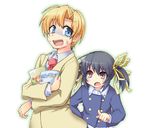  1girl blonde_hair blue_eyes blue_hair brother_and_sister brown_eyes clannad hikarizaka_private_high_school_uniform long_hair school_uniform short_hair siblings sunohara_mei sunohara_youhei twintails yutaka_miyabi 