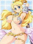  armor armpits arms_up bikini_armor blonde_hair blue_eyes breasts cleavage code_of_princess crown curvy heart konpeto large_breasts long_hair moon navel smile solange_blanchefleur_de_luxe solo star sword weapon 