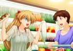  1boy 1girl :d blonde_hair blue_eyes blue_shirt brown_hair collarbone eyebrows_visible_through_hair food hair_between_eyes headpiece highres holding holding_food ikari_shinji indoors long_hair makka_na_kedamono neon_genesis_evangelion open_mouth shirt short_sleeves smile soryu_asuka_langley sweatdrop upper_body very_long_hair 