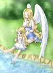  :d angel angel_wings barefoot blonde_hair blue_eyes breasts child cleavage closed_eyes dress happy highres long_hair medium_breasts multiple_girls open_mouth original river sitting smile soaking_feet water wings yuino_(fancy_party) 
