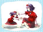  bad_id bad_pixiv_id barefoot child dual_persona fuuna_(conclusion) hairband highres indian_style leaf leaf_on_head mirror multiple_girls purple_hair red_eyes sitting skirt touhou yasaka_kanako younger 