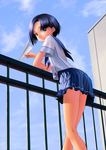  blue_hair cloud day kobayakawa_rinko legs looking_at_viewer love_plus paper_airplane school_uniform serafuku short_hair sky solo une 