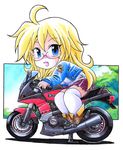  ahoge bad_id bad_pixiv_id ben-tou chibi ground_vehicle kawasaki long_hair motor_vehicle motorcycle norio_(459factory) shaga_ayame sidesaddle solo 