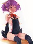  backlighting bare_shoulders black_legwear bow bowtie breasts covered_nipples detached_sleeves double-breasted fumio_(rsqkr) long_sleeves myu_(quiz_magic_academy) purple_eyes purple_hair quiz_magic_academy red_neckwear short_hair sideboob sitting small_breasts solo thighhighs two_side_up 