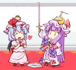  &gt;_&lt; :&lt; :d arm_up bat_wings blue_hair chibi closed_eyes fang food happy hat hat_ribbon heart holding long_hair multiple_girls natsuki_(silent_selena) open_mouth patchouli_knowledge pudding purple_hair remilia_scarlet ribbon smile sword touhou weapon wings xd |_| 