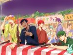  akashi_seijuurou aomine_daiki blonde_hair blue_eyes blue_hair commentary_request dark_skin dark_skinned_male earrings festival food glasses green_hair hnbs japanese_clothes jewelry kimono kise_ryouta kuroko_no_basuke kuroko_tetsuya laughing long_hair male_focus mask midorima_shintarou multiple_boys murasakibara_atsushi necklace night obi open_mouth purple_hair red_eyes red_hair sash stand stuffed_animal stuffed_bunny stuffed_toy toy_gun yukata 