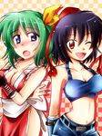  arm_up belt bikini black_hair blue_eyes blue_mary blue_mary_(cosplay) blush breasts checkered checkered_background cleavage collarbone cosplay crop_top daiyousei dress fatal_fury gauntlets green_hair hair_ribbon hat hat_ribbon medium_breasts midriff multiple_girls navel one_eye_closed open_mouth pelvic_curtain red_dress red_eyes ribbon sash shameimaru_aya shiranui_mai shiranui_mai_(cosplay) short_hair shorts side_slit smile swimsuit tears the_king_of_fighters tokin_hat torisuke_(koinohito) touhou 