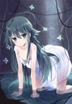  all_fours bad_id bad_pixiv_id bare_shoulders blush breasts bug butterfly cleavage collarbone green_eyes green_hair hair_censor insect kyuri long_hair looking_at_viewer medium_breasts parted_lips partially_submerged saya saya_no_uta see-through_silhouette skirt solo strap_slip water white_skirt 