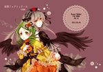  2girls ahoge ai_(creamcaramel) back-to-back copyright_name cover cover_page dated doily drill_hair feathered_wings flower frilled_sleeves frills green_eyes green_hair hairband holding_hands kanaria lolita_fashion long_hair multiple_girls puffy_sleeves purple_background red_eyes rose rozen_maiden short_hair silver_hair simple_background suigintou wings 
