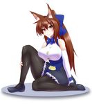  animal_ears bare_shoulders black_legwear bow bowtie breasts brown_hair hair_bow highres large_breasts long_hair original pantyhose smile solo yamaneko_ken yellow_eyes 