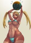  :d ? accessory_tan arm_up armpits arms_up ball beachball bikini blanka blonde_hair blue_eyes breasts covered_nipples cowboy_shot curvy fangs highres hips large_breasts long_hair looking_at_viewer no_mask one-piece_tan open_mouth rainbow_mika sethxzoe shiny shiny_skin simple_background skindentation smile solo street_fighter street_fighter_zero_(series) string_bikini sweatdrop swimsuit tan tanline toned twintails underboob wide_hips yellow_background 