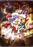  ascot bat bat_wings black_dress blonde_hair blue_hair cheek-to-cheek dress flandre_scarlet flying hat hat_ribbon highres hug koakuma kouba lights long_hair multiple_girls one_eye_closed open_mouth pink_dress red_dress red_eyes red_hair remilia_scarlet ribbon scarlet_devil_mansion siblings side_ponytail sisters smile stairs thighhighs touhou white_legwear window wings zettai_ryouiki 