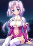  blue_eyes breasts center_opening cleavage koihime_musou large_breasts mizushima_aru navel pink_hair short_hair sitting smile solo sonken thighhighs zettai_ryouiki 