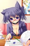  animal_ears brand_name_imitation breasts cat_ears cleavage coffee collar cup eraser fang glasses highres light_smile looking_at_viewer math medium_breasts original pencil purple_eyes purple_hair rankiryuu red-framed_eyewear short_hair solo tombow_mono 