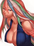  bare_shoulders blue_eyes breasts cleavage covered_nipples dark_skin fumio_(rsqkr) genderswap genderswap_(mtf) large_breasts leaning_forward lips long_hair multicolored_hair no_bra solo sunny_(toriko) toriko_(series) 