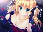  aqua_eyes asaba_yuu blonde_hair blush bow breasts cleavage collarbone game_cg hair_bow hoshizora_e_kakaru_hashi hoshizora_e_kakaru_hashi_aa japanese_clothes kimono large_breasts looking_at_viewer nanamori_seira solo twintails 